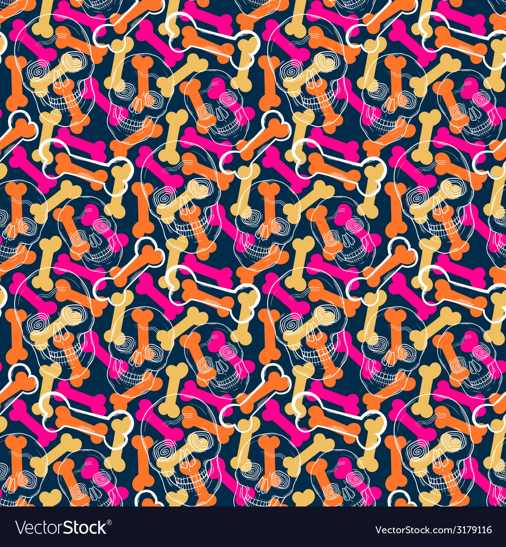 Seamless pattern with white skulls and bones