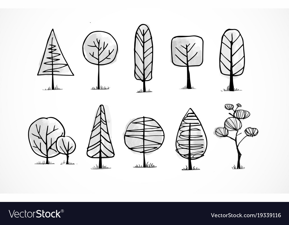 Set of doodle sketch trees on white background Vector Image