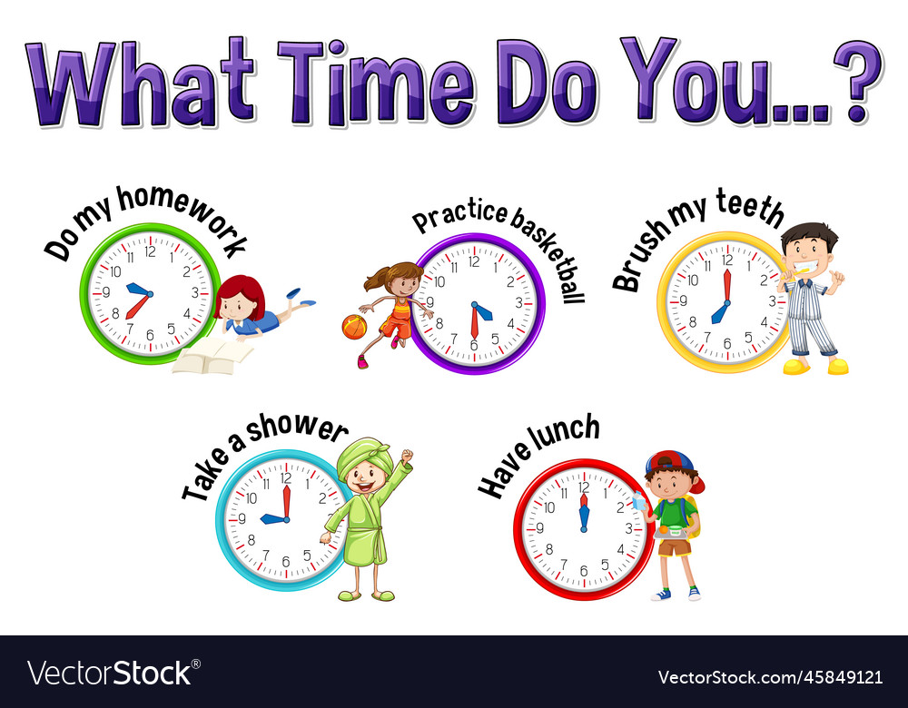 Daily routine with time and cartoon characters