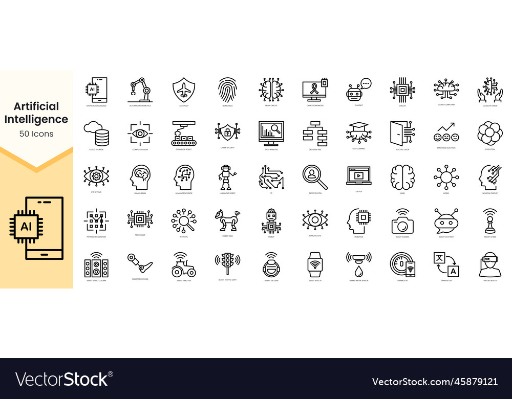 Set of artificial intelligence icons simple line vector image Set of artificial intelligence icons simple line