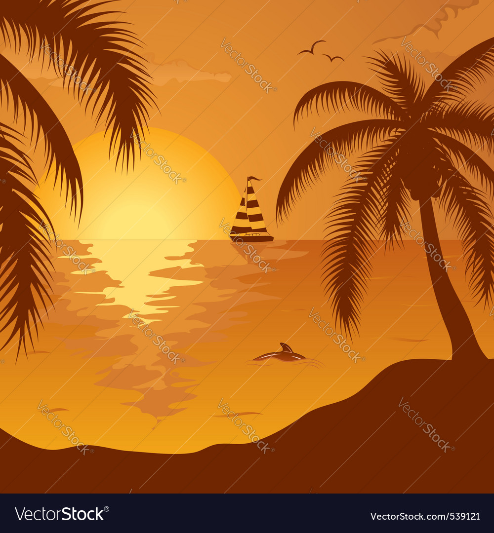 summer background with palm tree dolphin and yacht