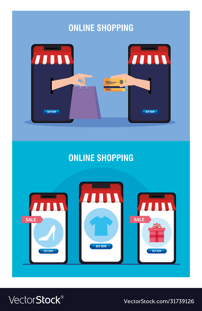 Smartphones hands holding bag credit card and icon