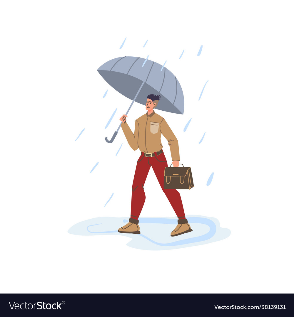 Flat cartoon character in rainautumn season