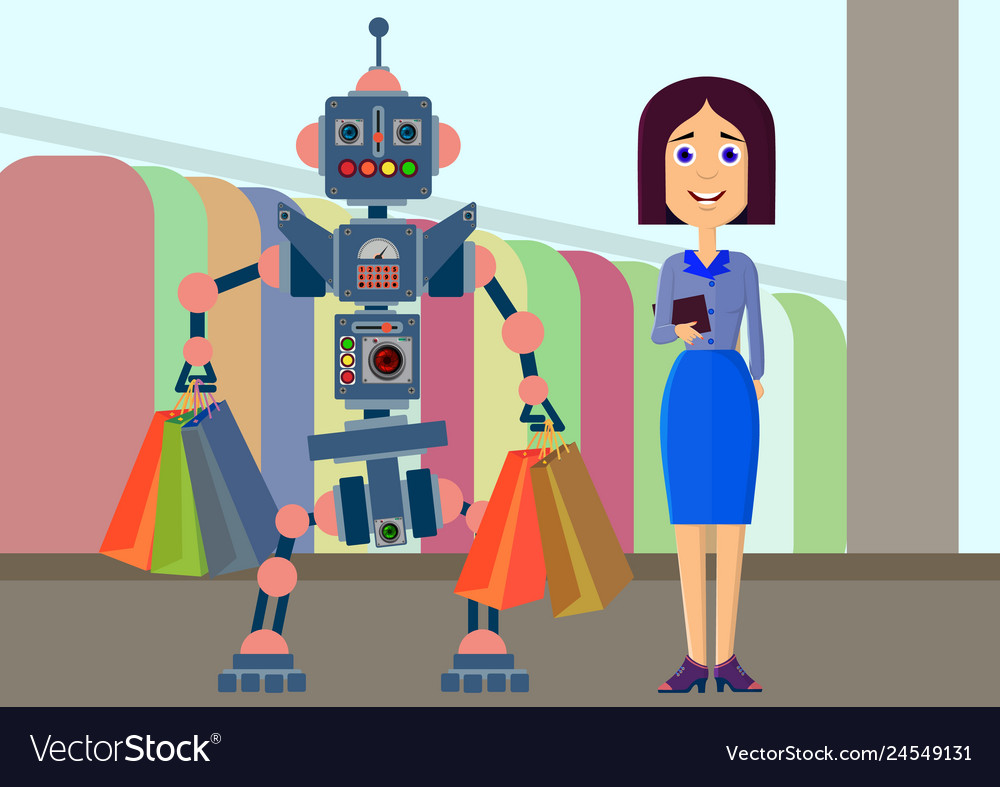 Robot and man make a purchase in the store