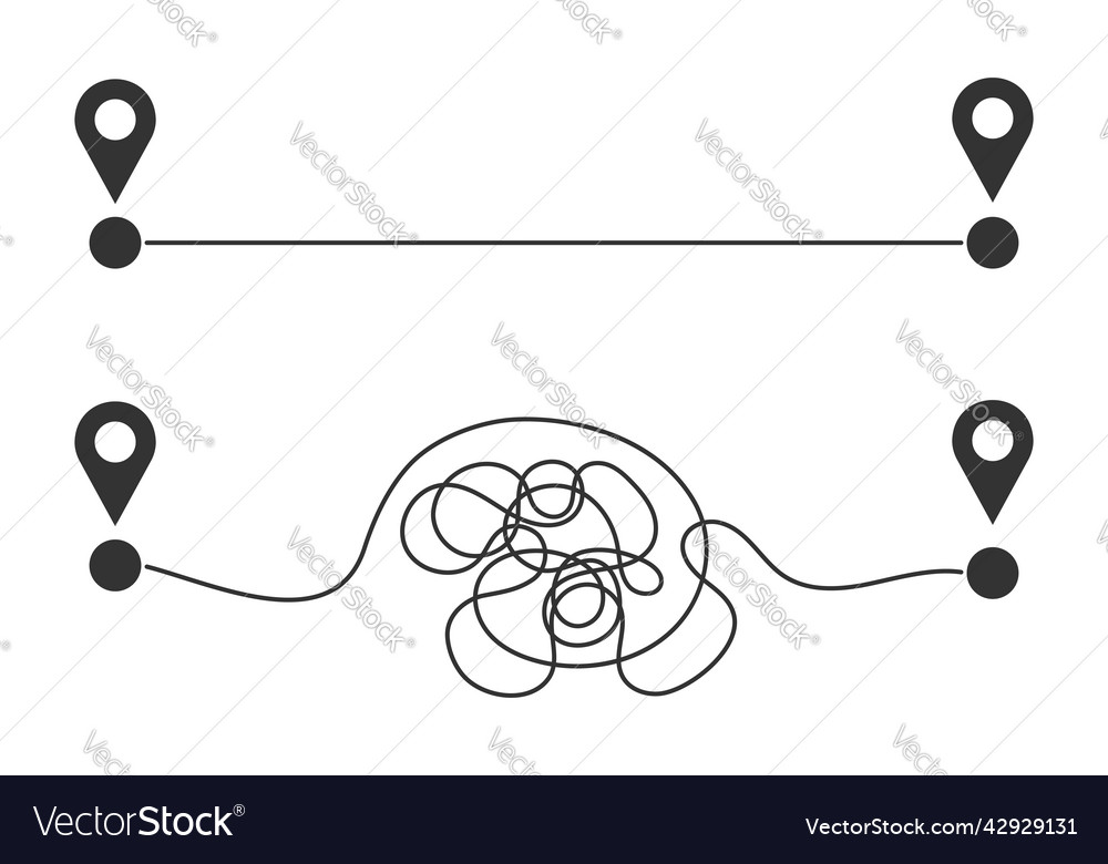 Straight and curved paths from start to finish map vector image Straight and curved paths from start to finish map