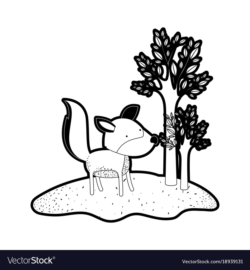 Wolf cartoon in forest next to the trees black
