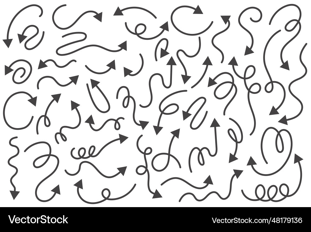 Arrows set curved hand drawn elements Royalty Free Vector