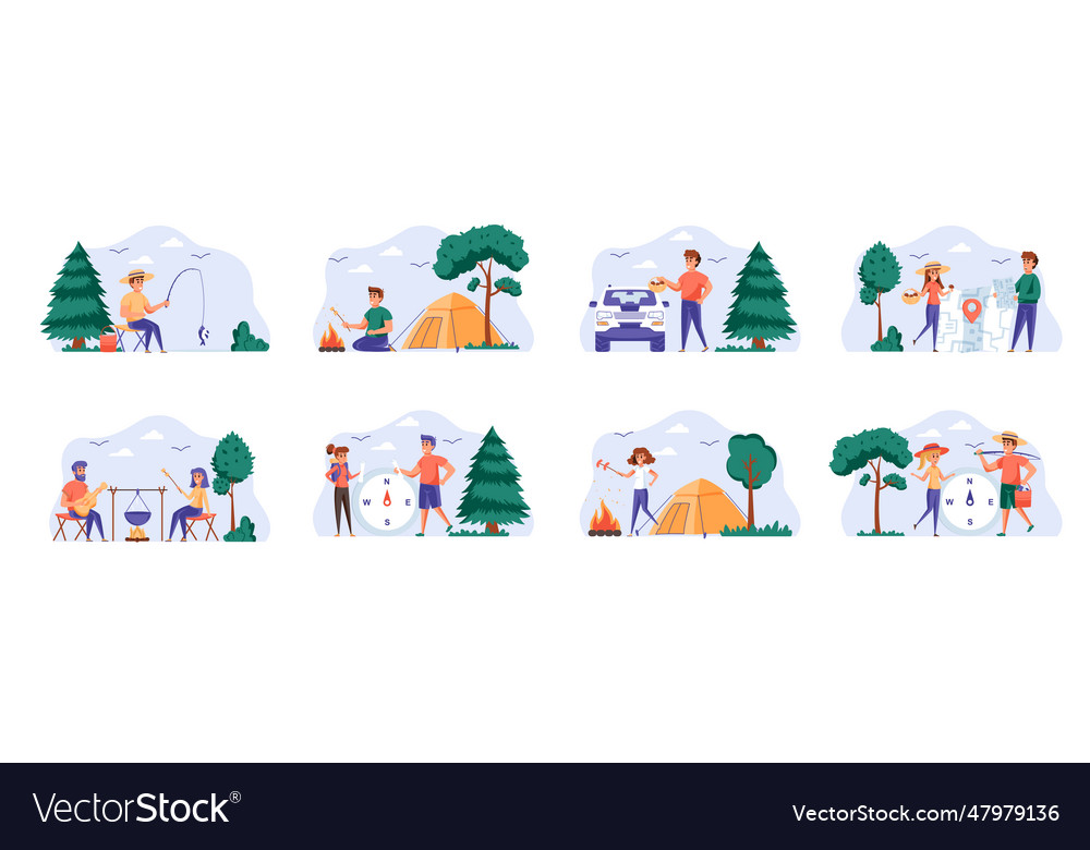 Camping scenes bundle with people characters Vector Image