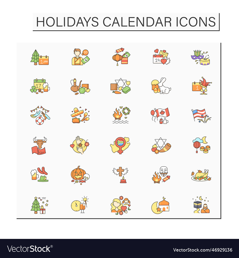 Holidays Calendar Color Icons Set Royalty Free Vector Image Holidays Calendar Color Icons Set Vector 46929136
