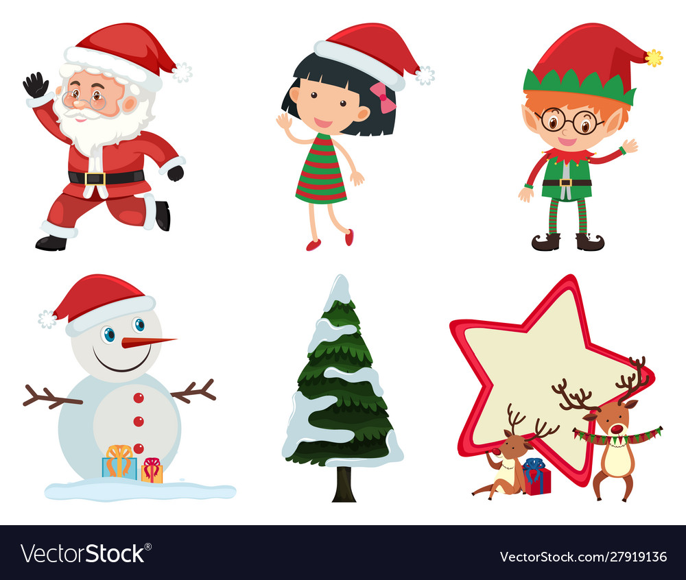 Isolated set christmas with santa and kids Vector Image