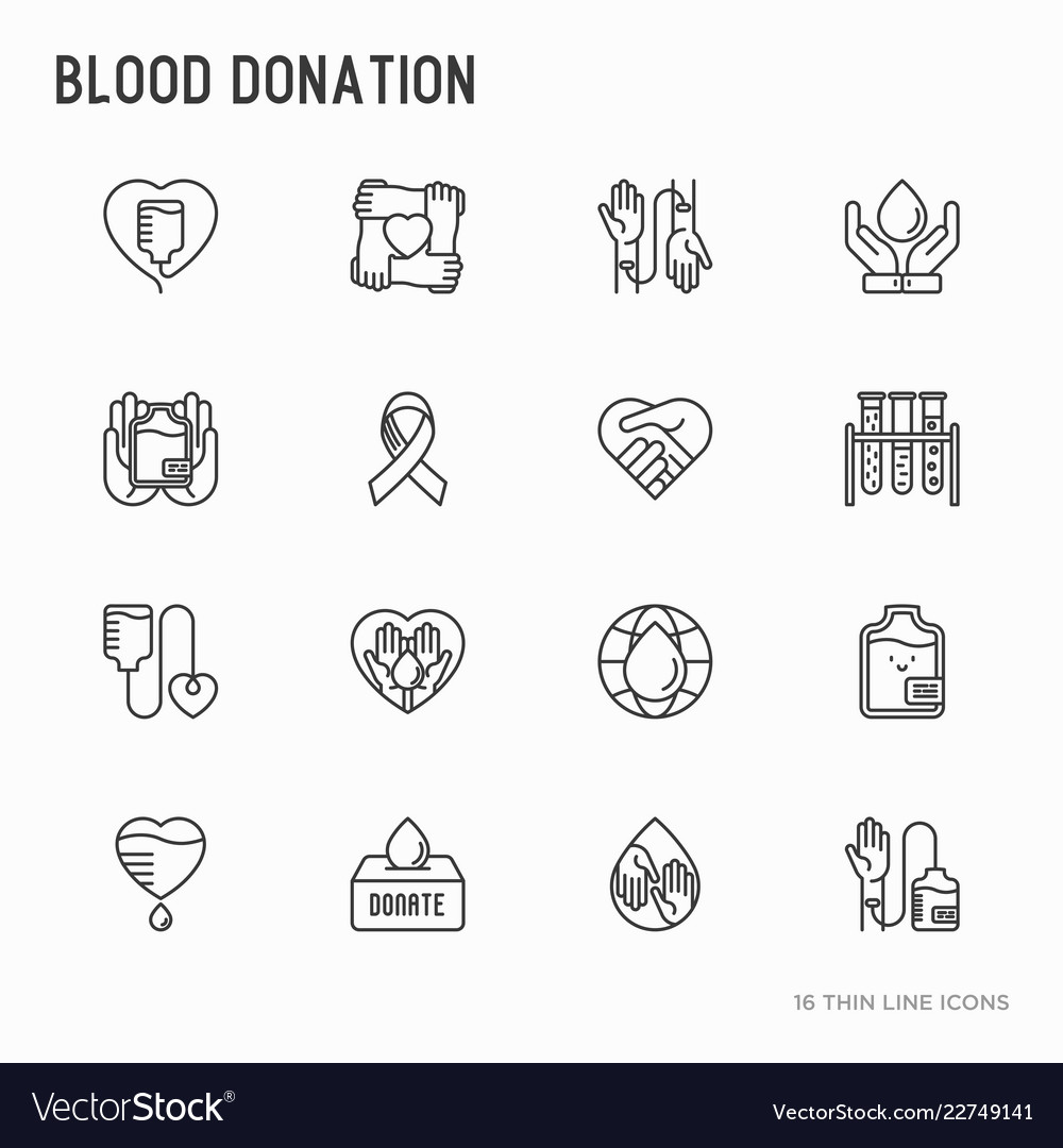 Blood donation mutual aid thin line icons set vector image Blood donation mutual aid thin line icons set