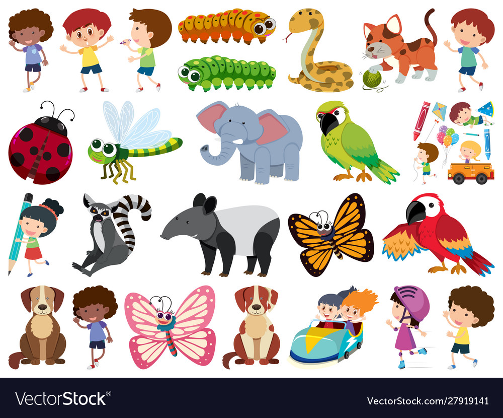 Set isolated objects theme children and animals vector image Set isolated objects theme children and animals
