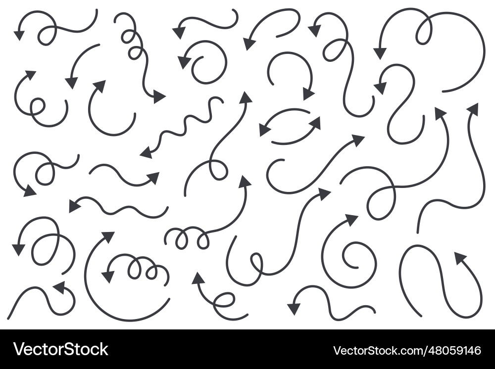 Arrows set curved hand drawn elements Royalty Free Vector