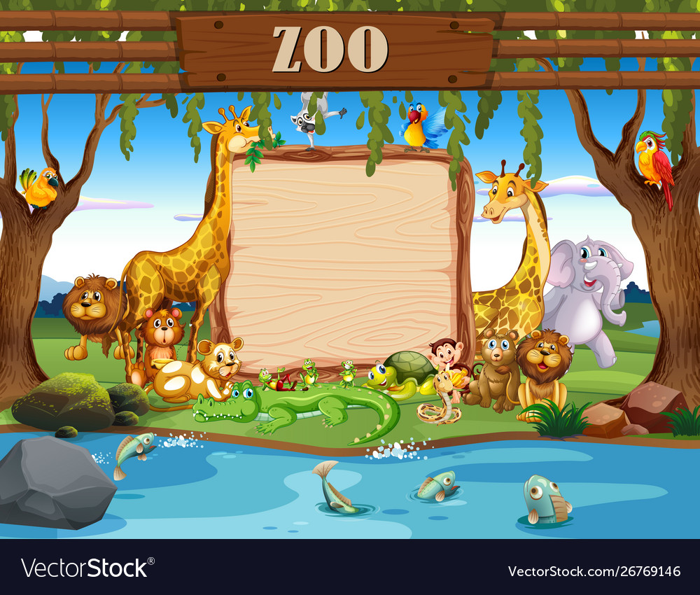 Border template with cute animals at zoo Vector Image