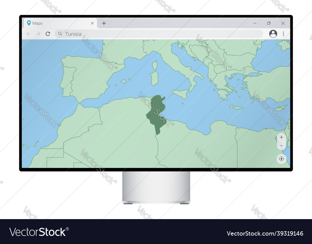 Computer monitor with map of tunisia in browser