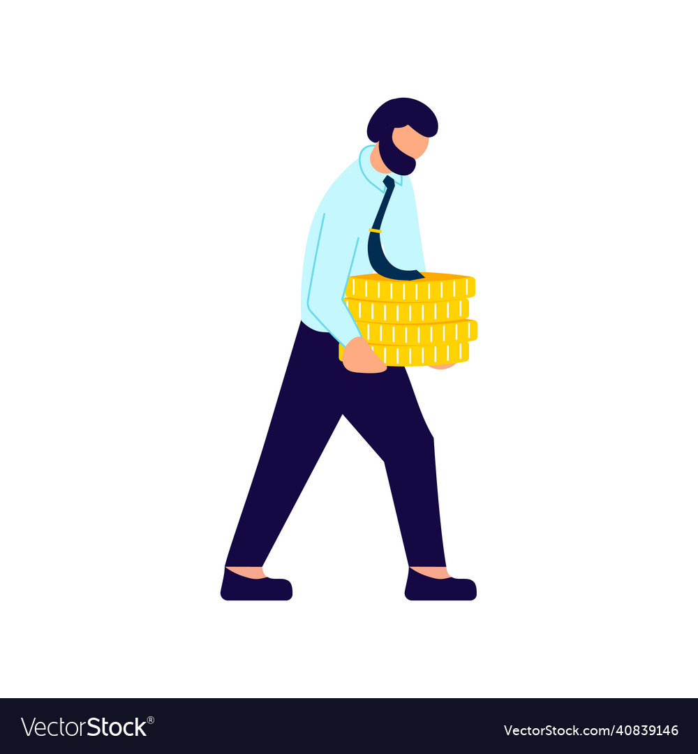 Man with difficulty is carrying stack of coins Vector Image Man with difficulty is carrying stack of coins