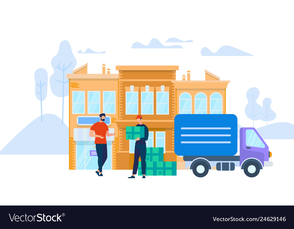 Man worker in uniform giving box to young Vector Image