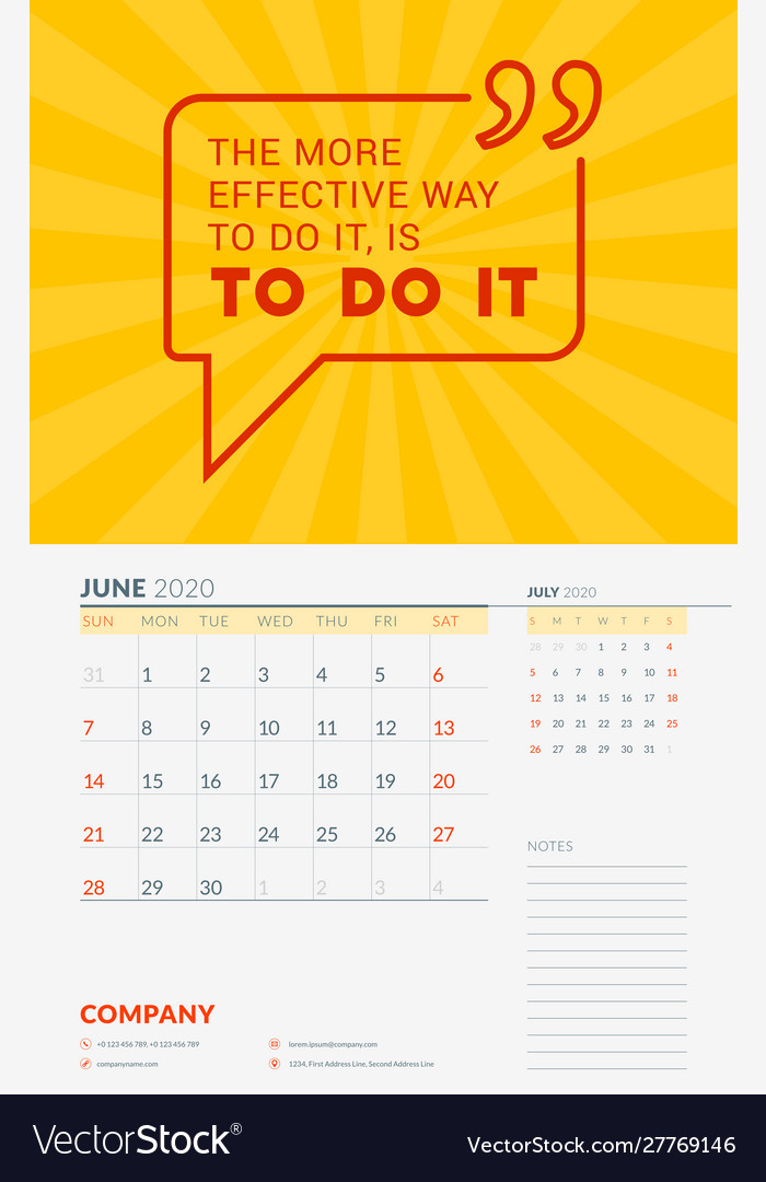 wall calendar template for june 2020 design print vector image
