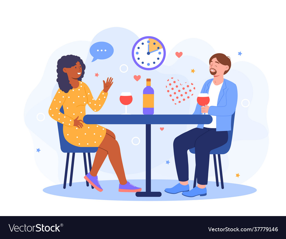 Junge Mann und Frau sitzen am Tisch reden Vector Image Junge Mann und Frau sitzen am Tisch reden