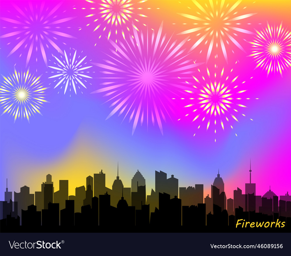 City skyline with festive fireworks glowing light Vector Image