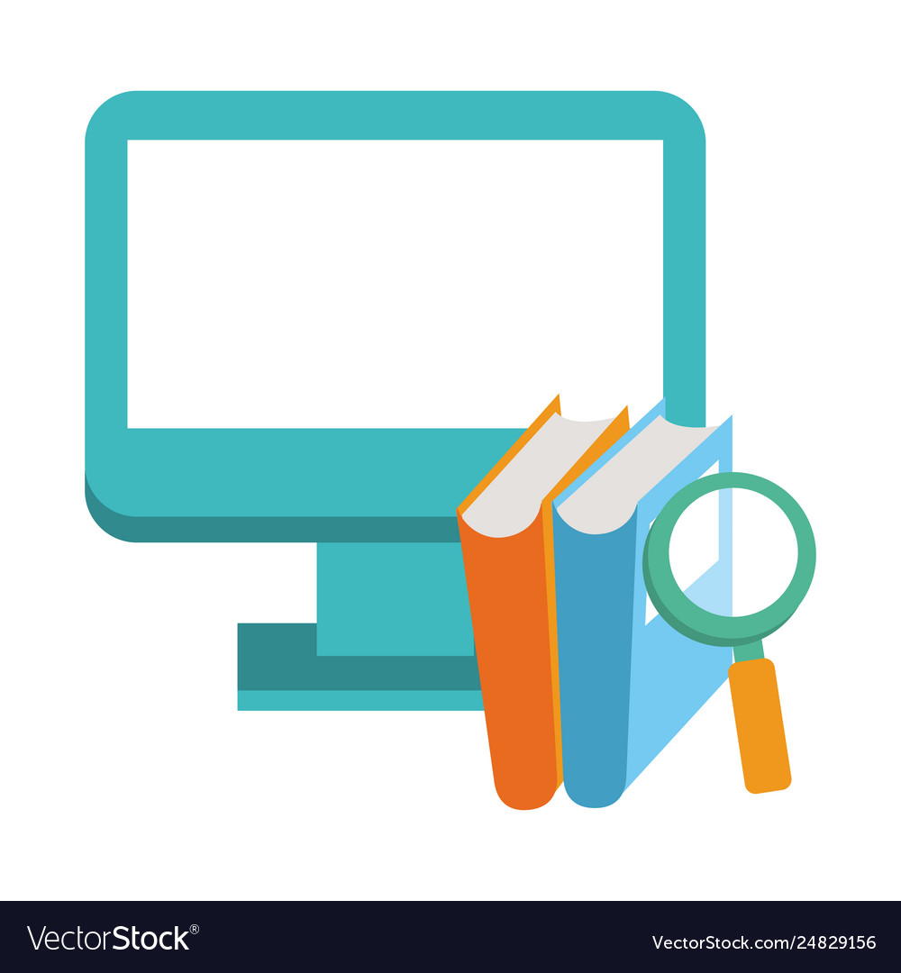 Elearning computer and books with magnifying glass