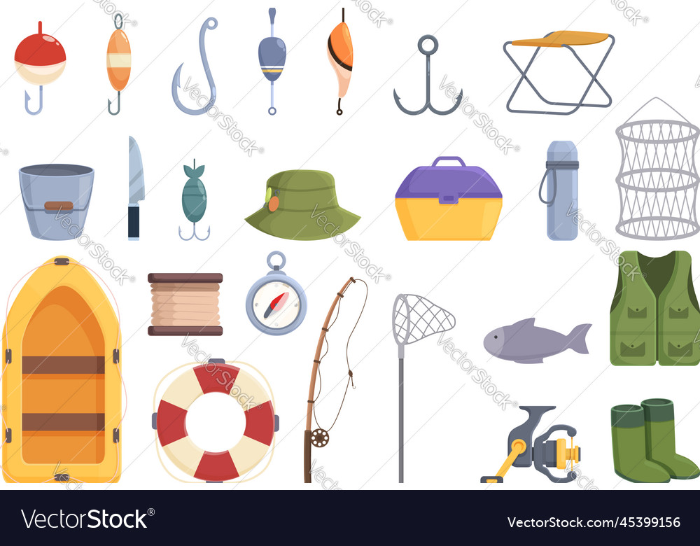 Fishing icons set cartoon fishery boat Royalty Free Vector