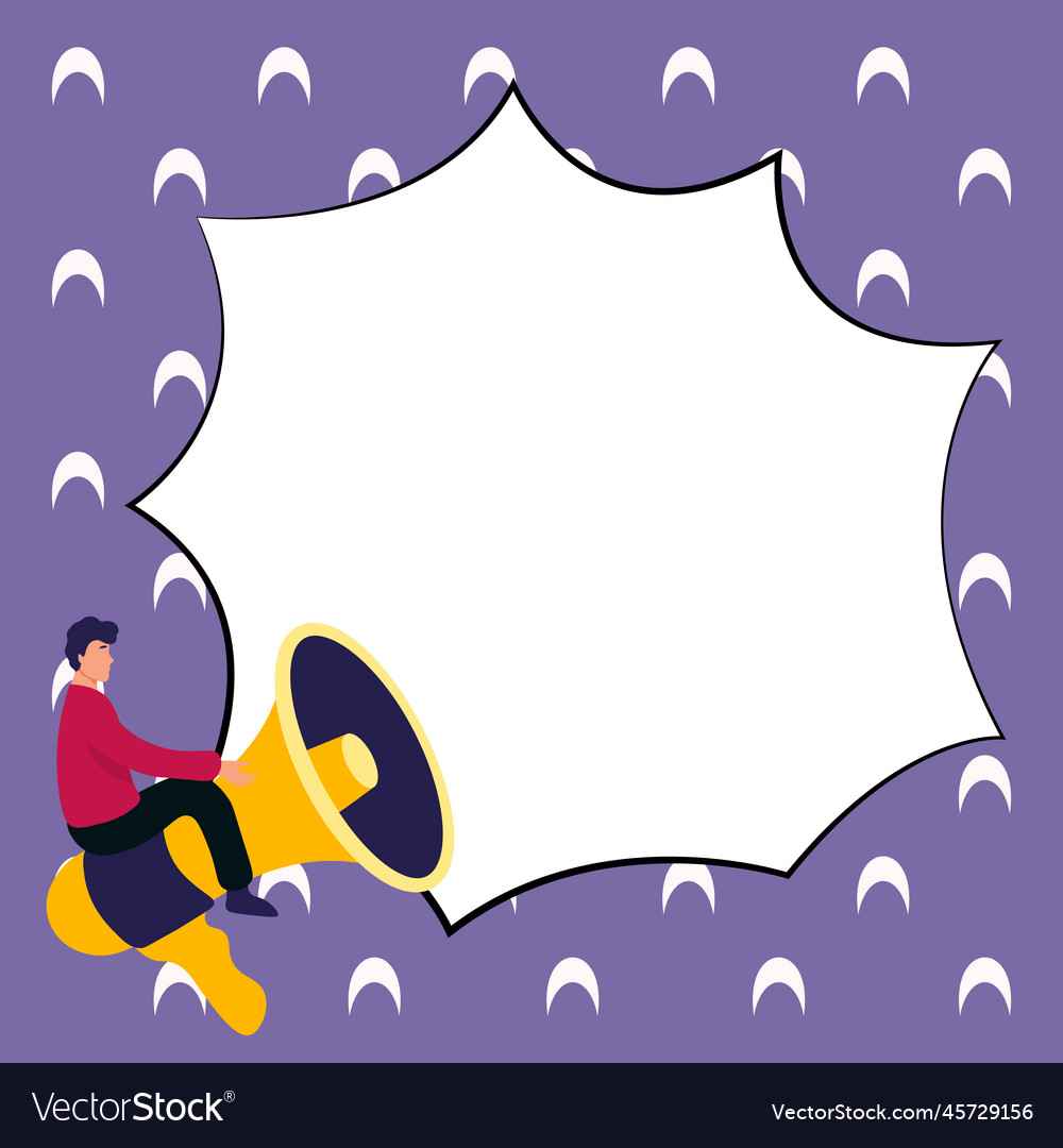 Man sitting on megaphone big empty dialog bubble