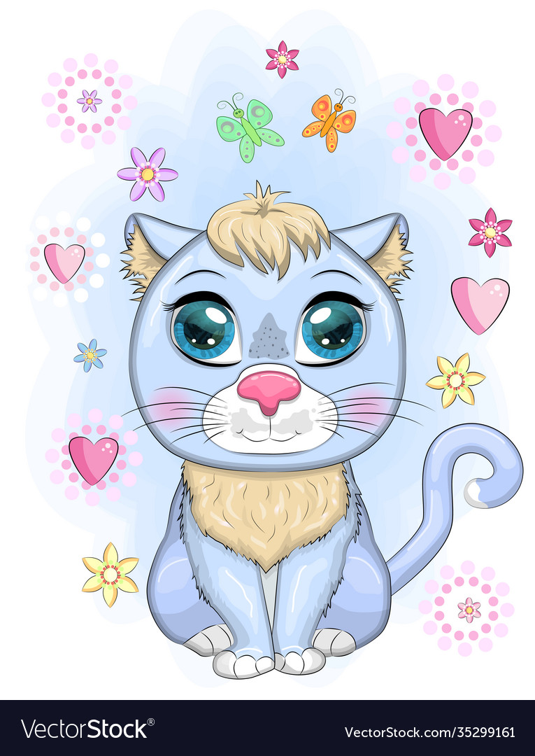 Cute cartoon blue cat kitten on a background Vector Image