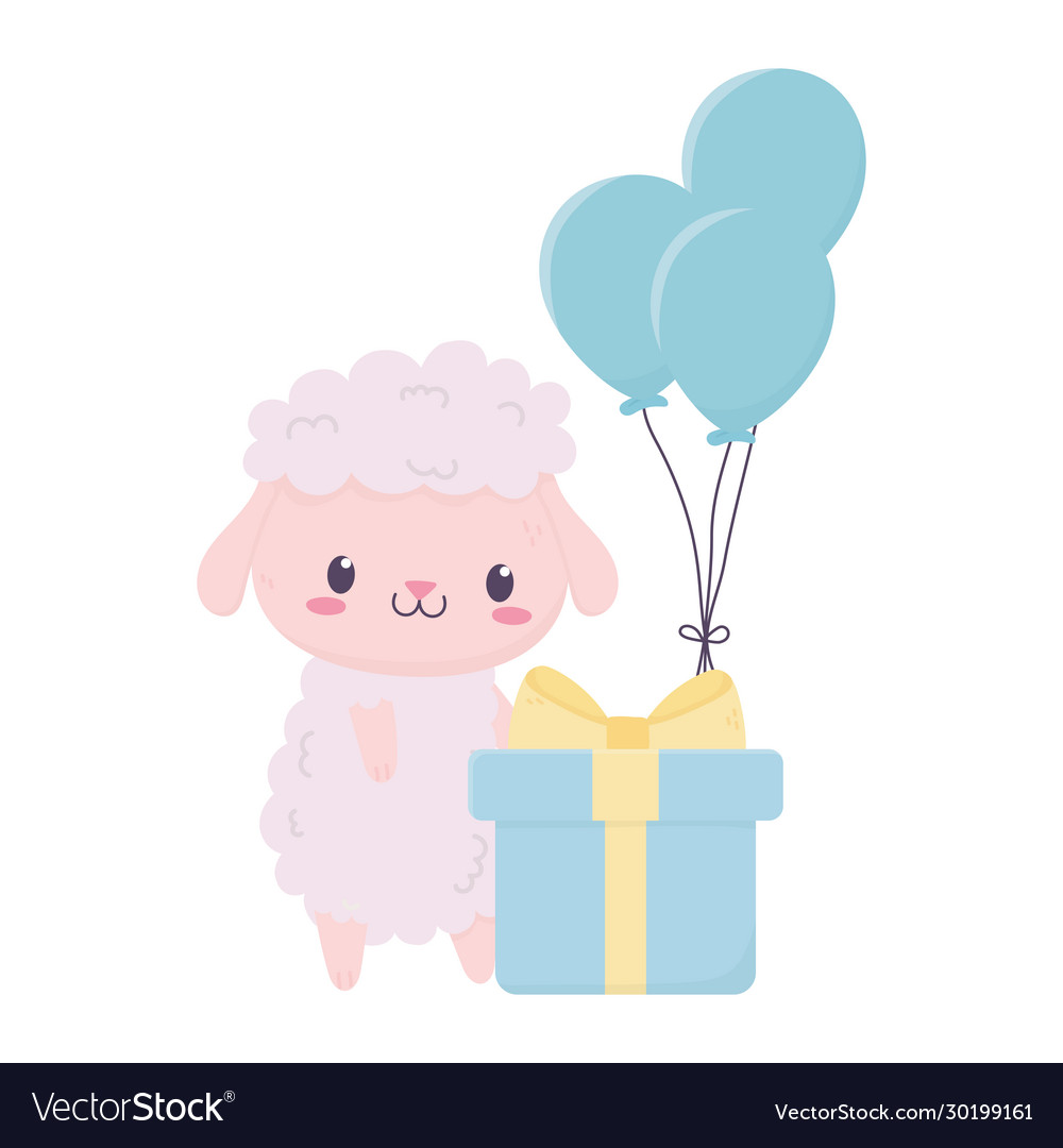 Happy birthday cute sheep with gift and balloons