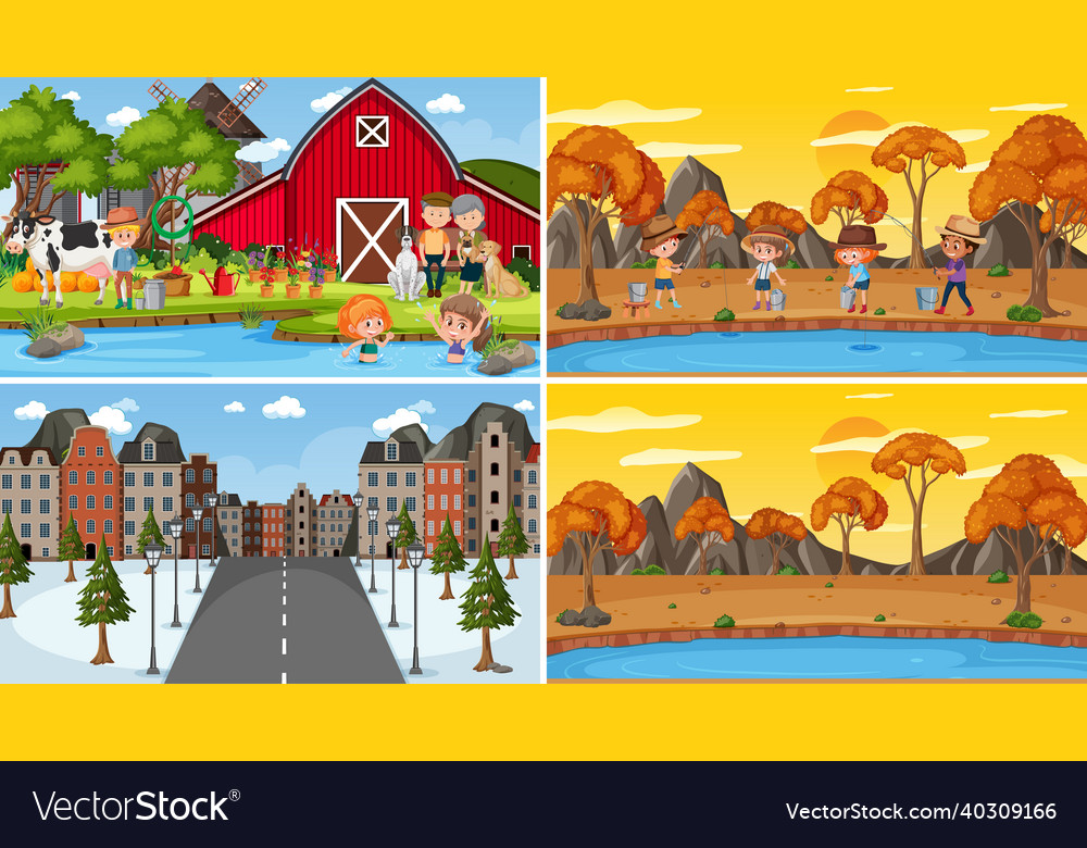 Set of different nature scenes cartoon style