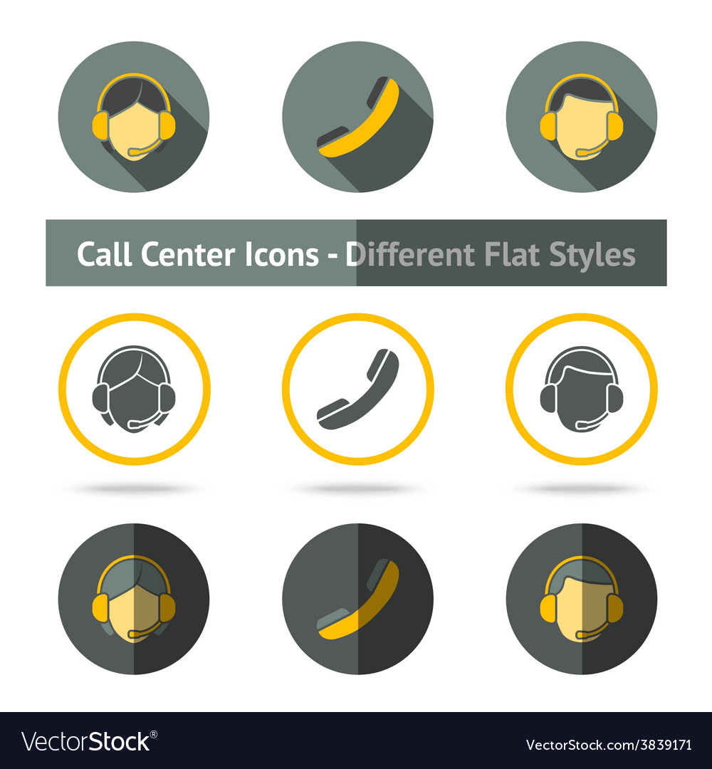 Set of call center icons in different flat styles