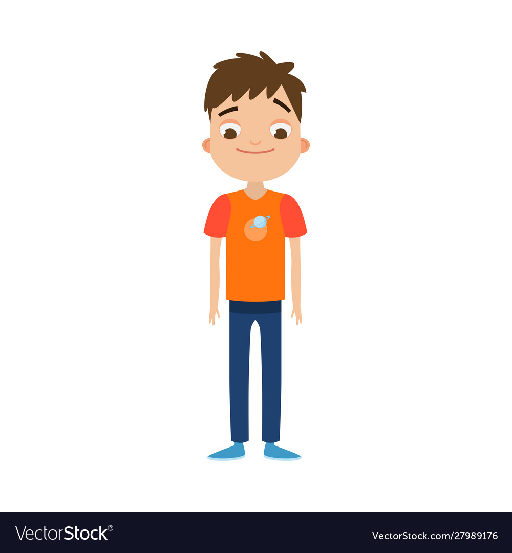 Cute brown-haired boy in blue pants standing Vector Image