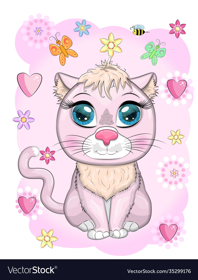 Cute cartoon pink cat kitten on a background Vector Image