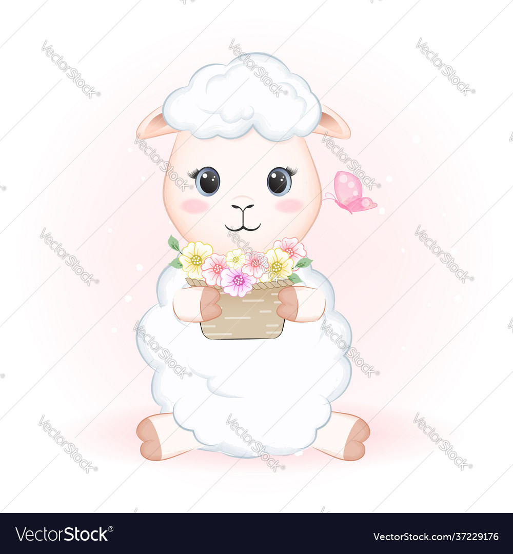 Cute little sheep and flowers in basket