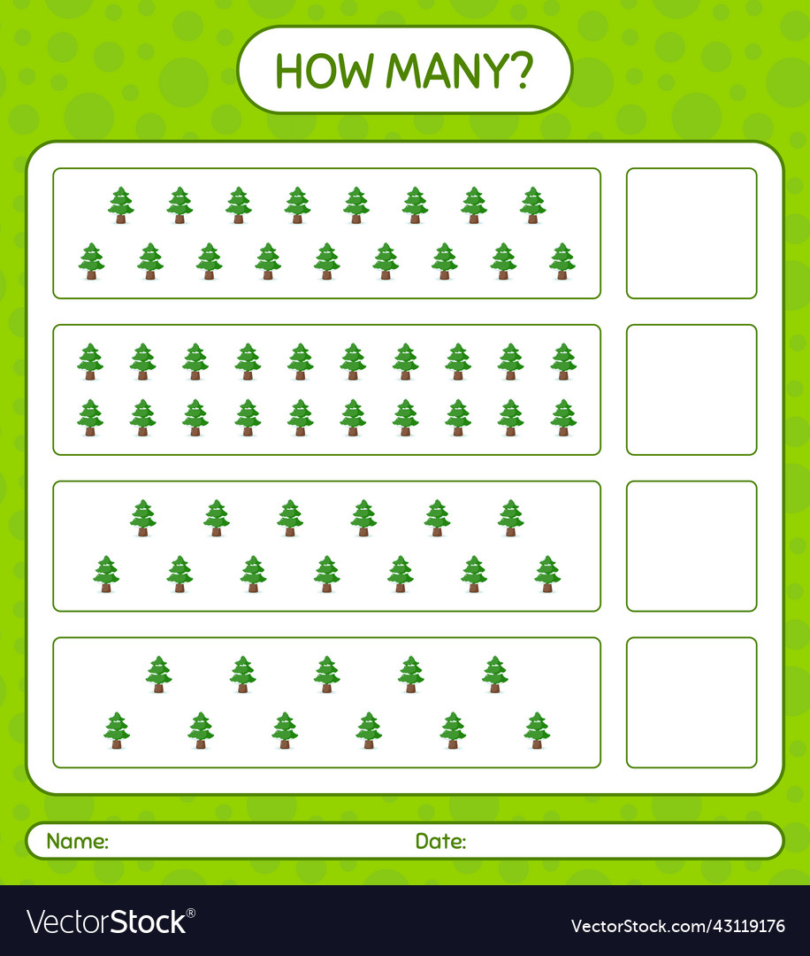 How many counting game with pine tree worksheet vector image How many counting game with pine tree worksheet