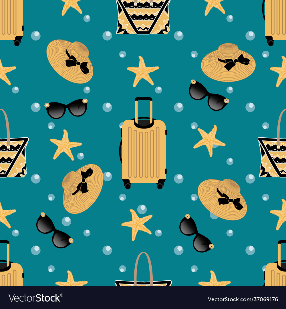 Seamless beach pattern featuring suitcase hat