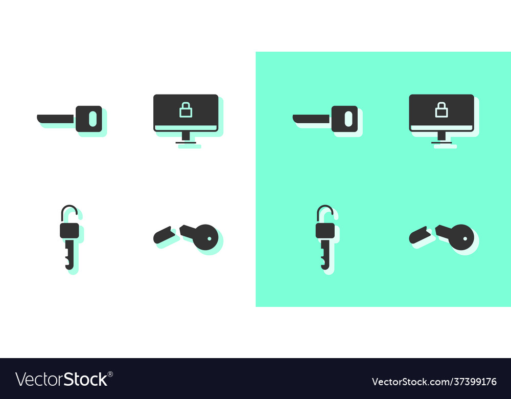 Set broken key unlocked and lock on computer vector image Set broken key unlocked and lock on computer