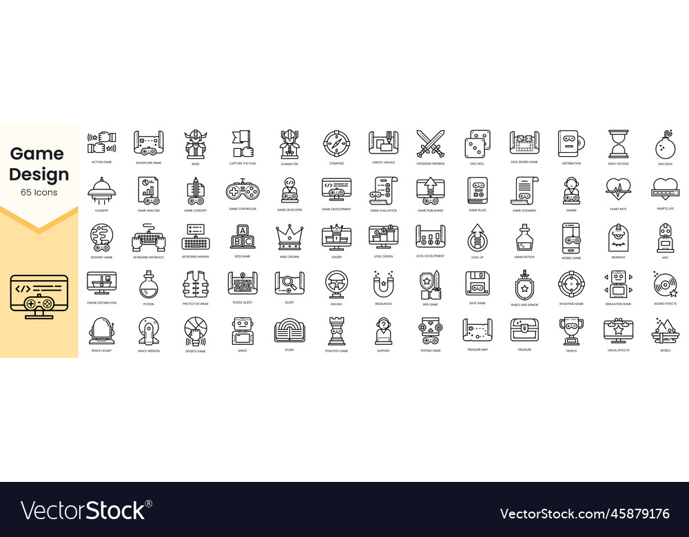 Set of game design icons simple line art style