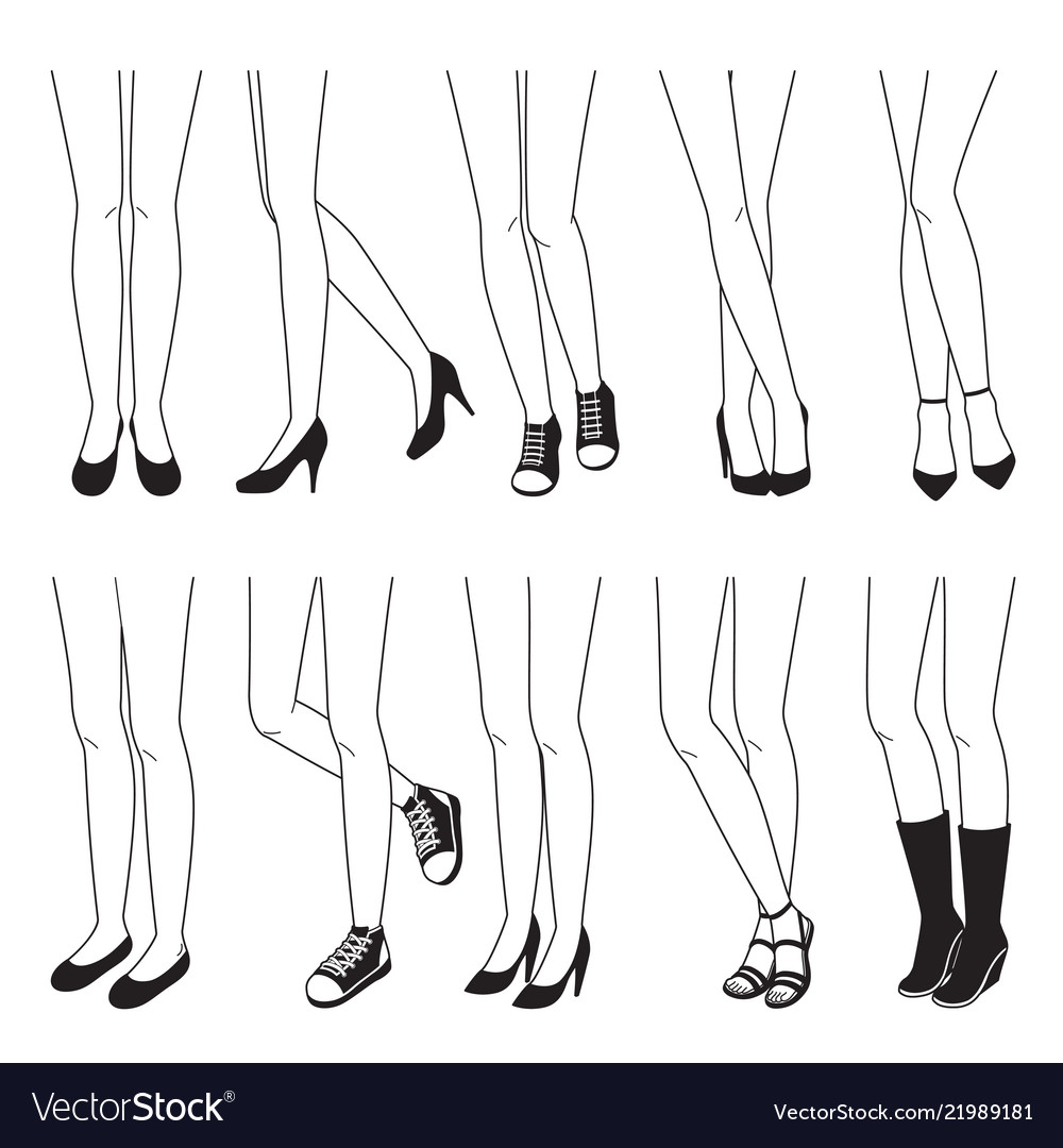 Outline women legs with different shoes Royalty Free Vector