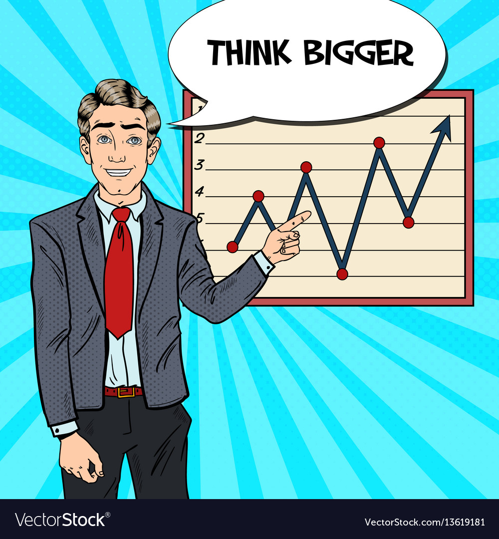 Pop art business man pointing growth graph Vector Image