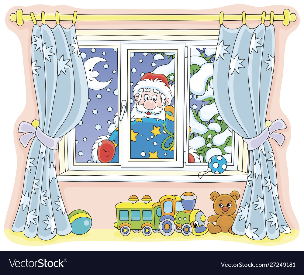 Santa with gifts peeping into a nursery Royalty Free Vector