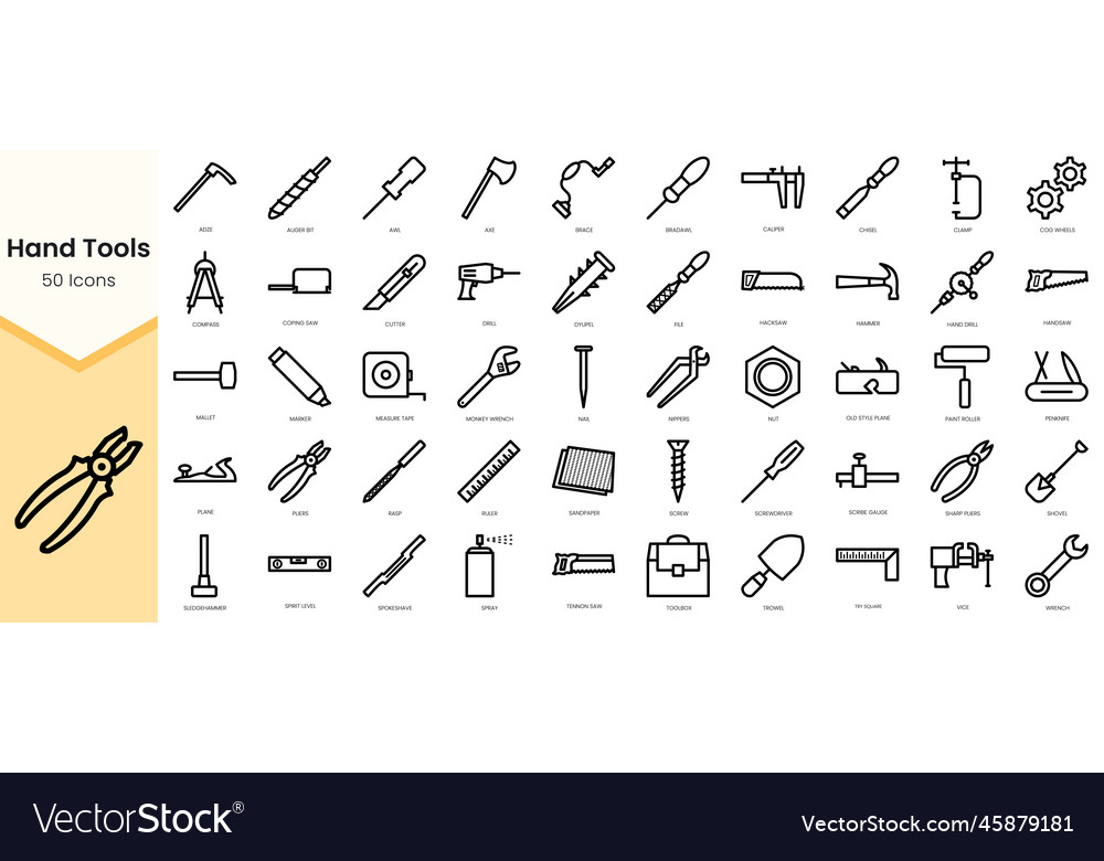 Set of hand tools icons simple line art style vector image Set of hand tools icons simple line art style