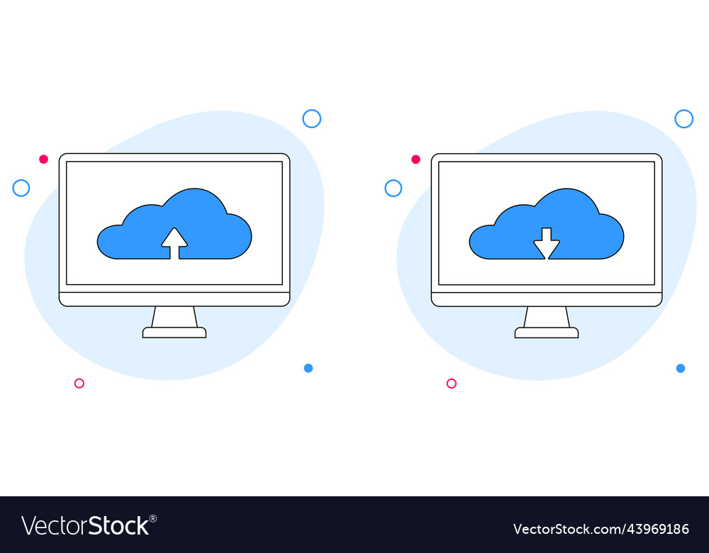 Cloud upload and download icon on computer screen vector image Cloud upload and download icon on computer screen