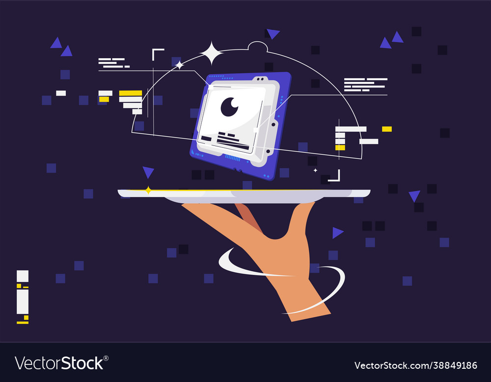 Hand holding a tray with computer processor vector image Hand holding a tray with computer processor