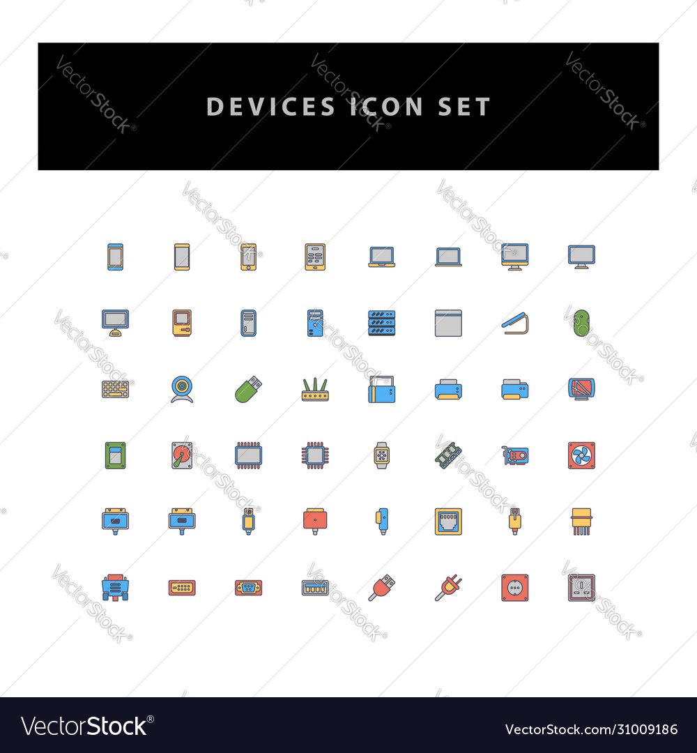 Technology device icon set with filled outline