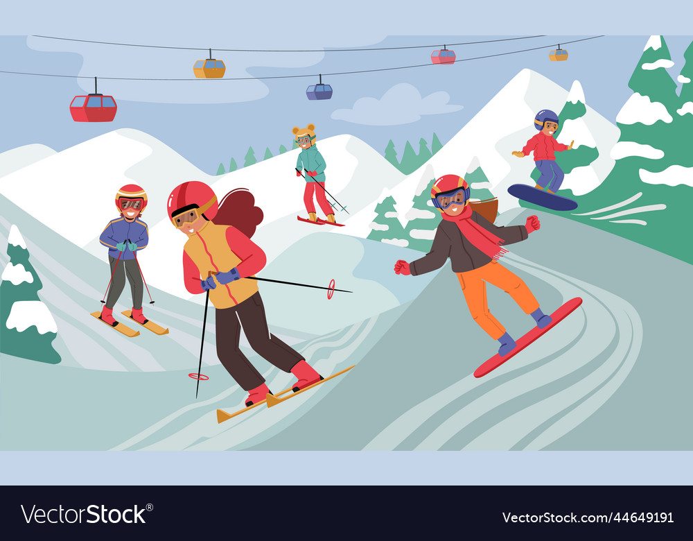 Children dressed in winter clothing snowboarding