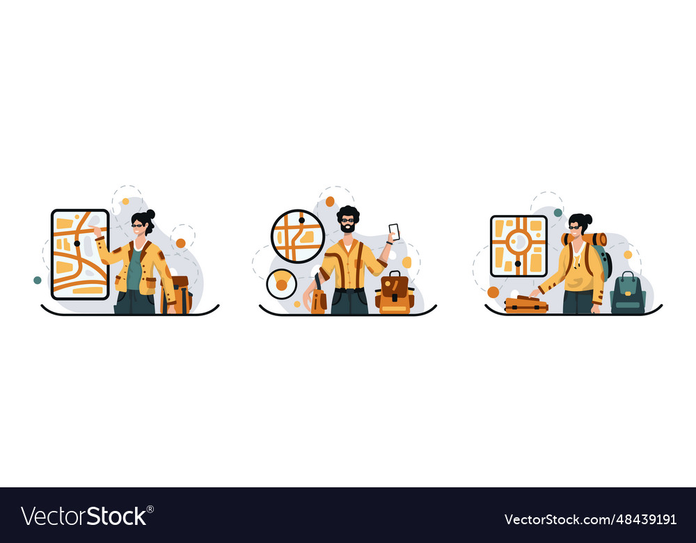 Set of different tourists searching for right vector image Set of different tourists searching for right