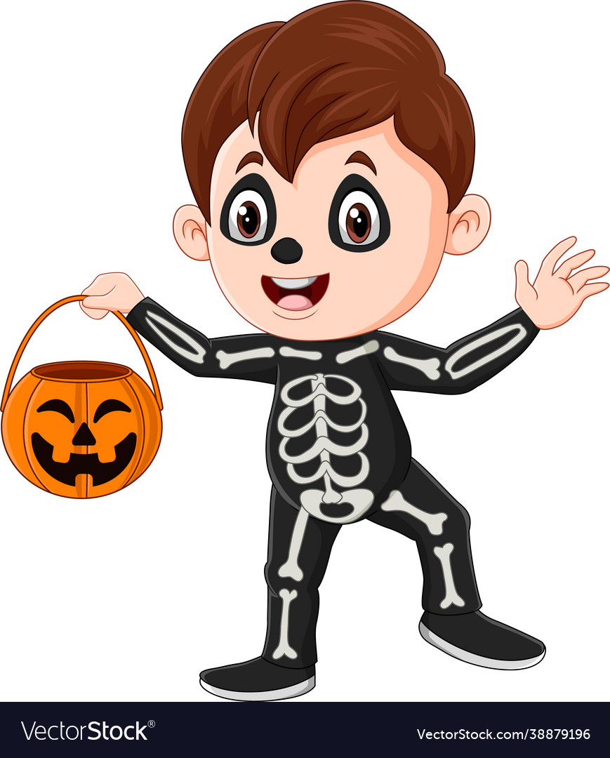 Cartoon boy wearing halloween skeleton costume hol