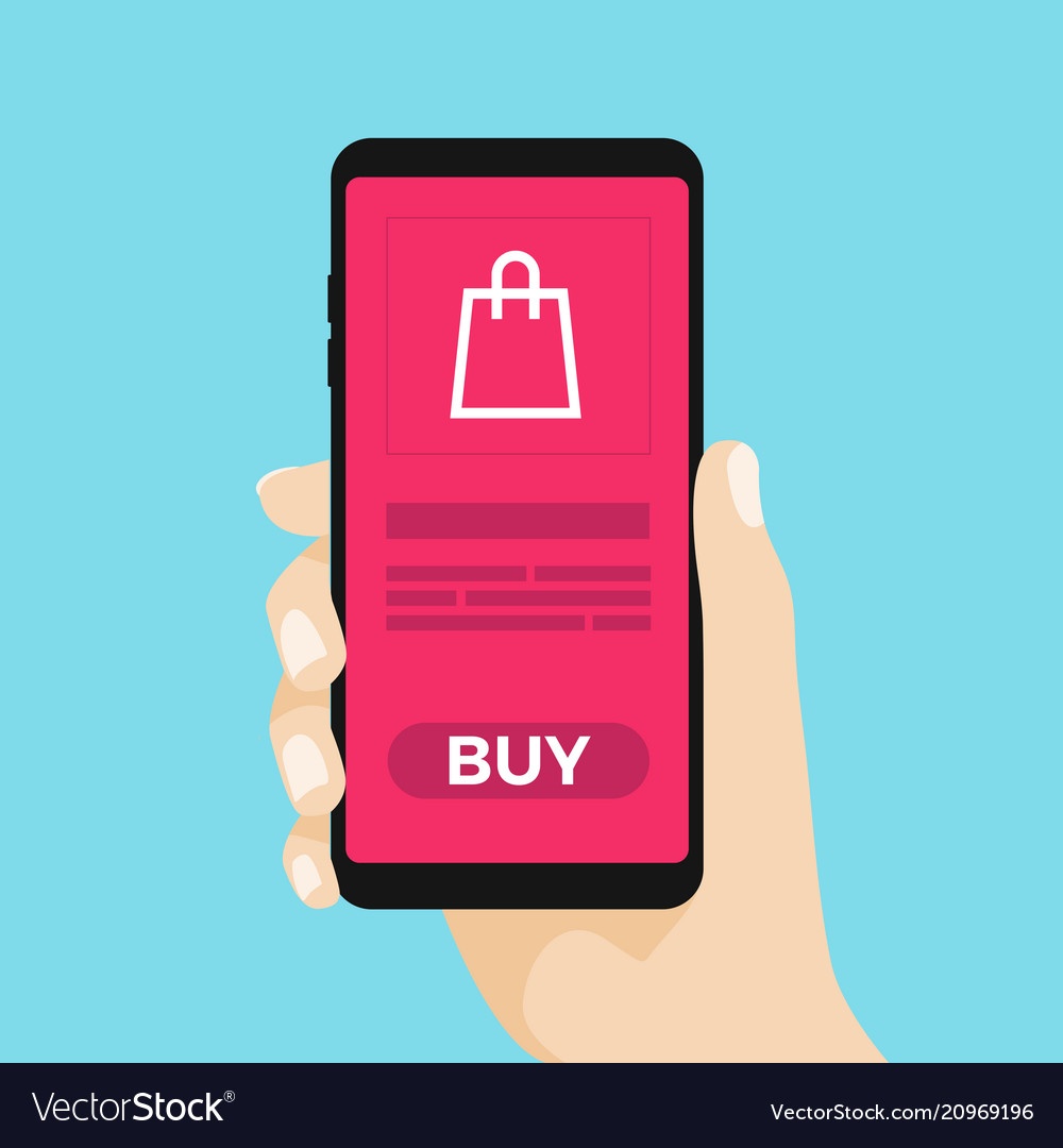 Hand holing smart phone with buy button on the scr vector image Hand holing smart phone with buy button on the scr