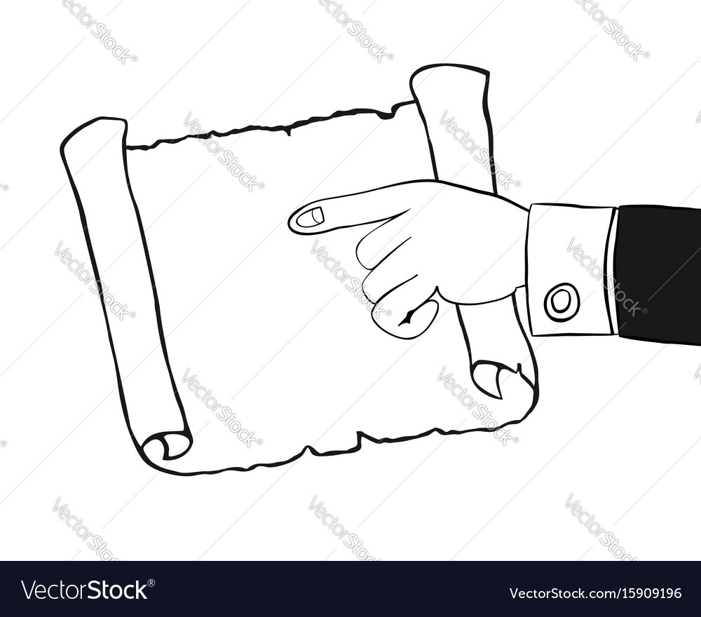 Human hand indicates to an empty parchment scroll